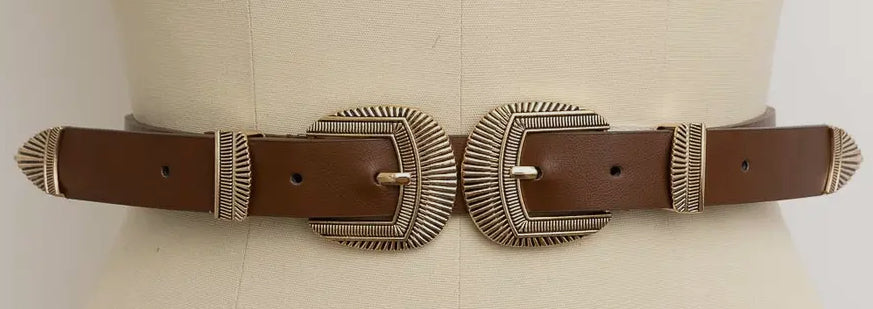 Western double buckle leather belt